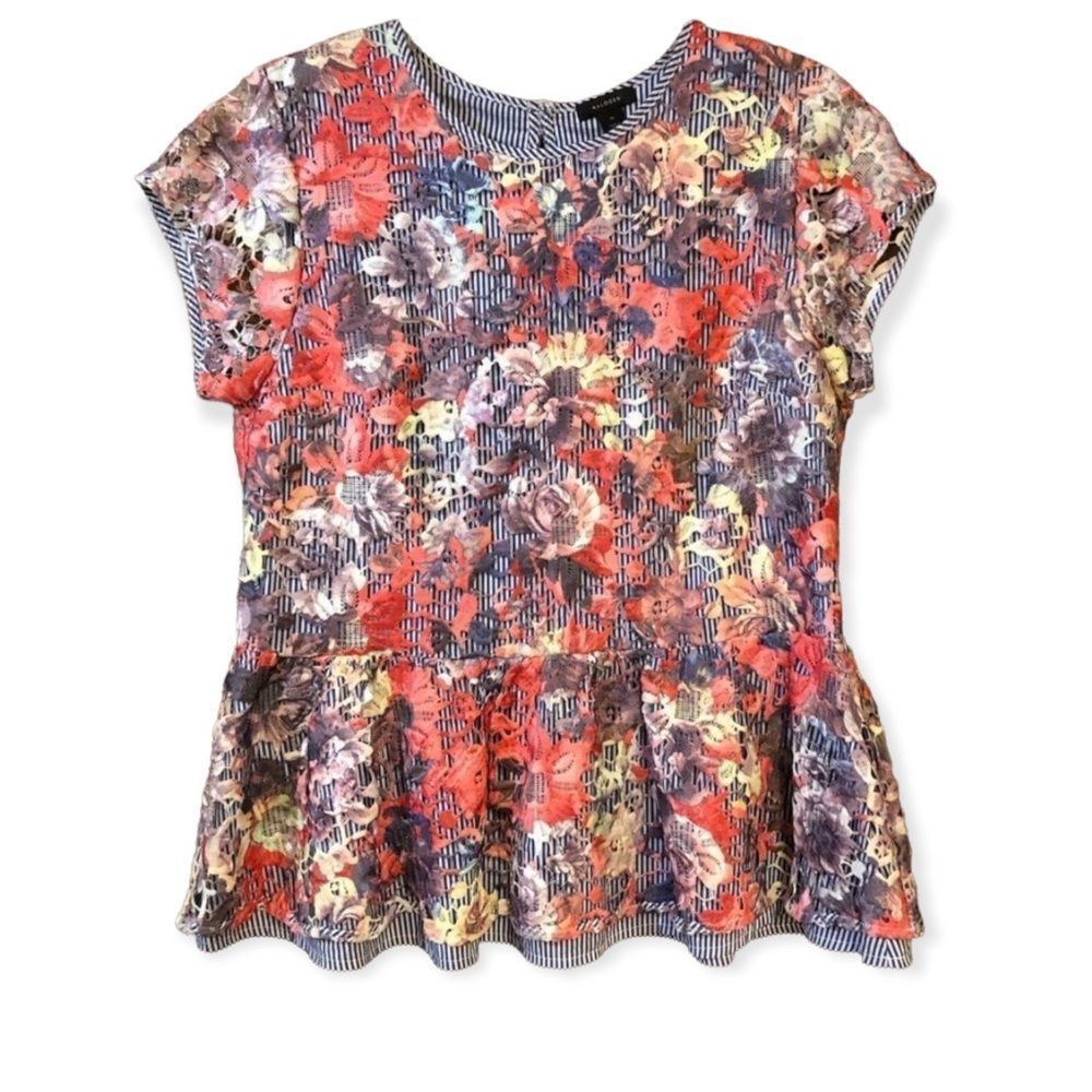 Halogen Sz M Mottled Multi-Color Stripe Floral Lace Peplum Cap Sleeves Fancy Top